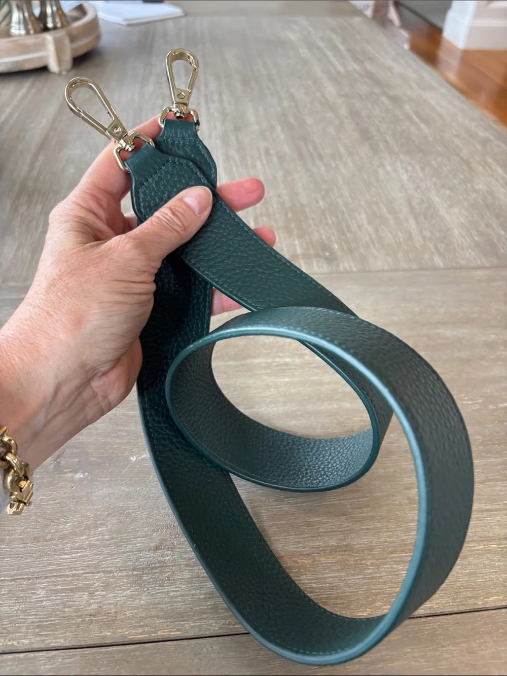 Textured Dark Green Leather Bag Strap with Gold Hardware